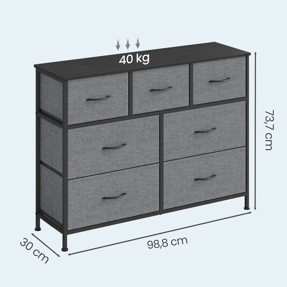 Cómoda, armário, 7 gavetas forradas a tecido 30 x 98,8 x 73,7 cm (P x L x A) cinzento