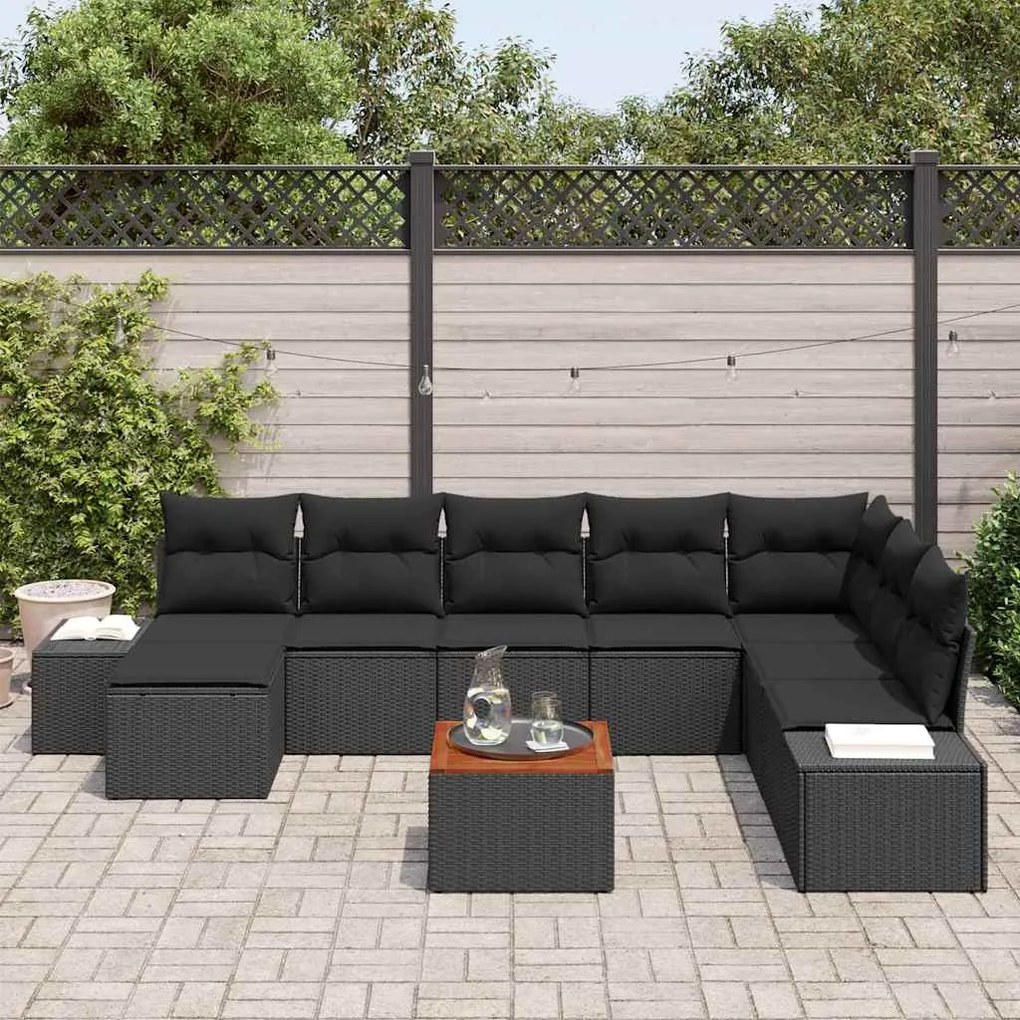 Conjunto de Sofá de Jardim com 9 peças e almofadas, preto, rattan, pol