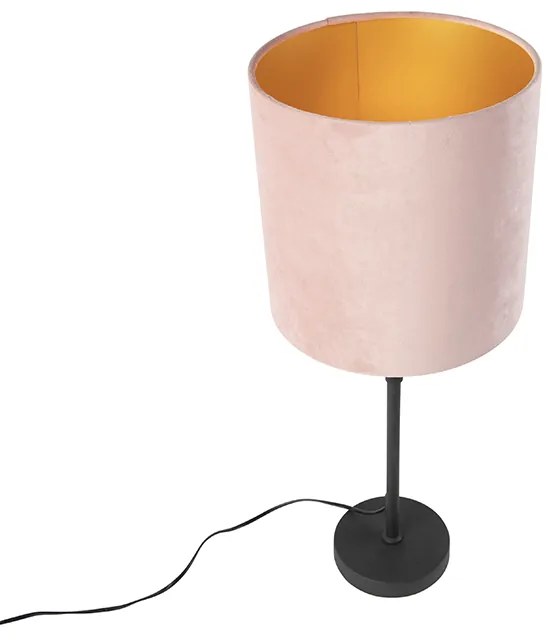 Candeeiro de mesa preto com cúpula em veludo rosa com dourado 25 cm - Parte Clássico / Antigo