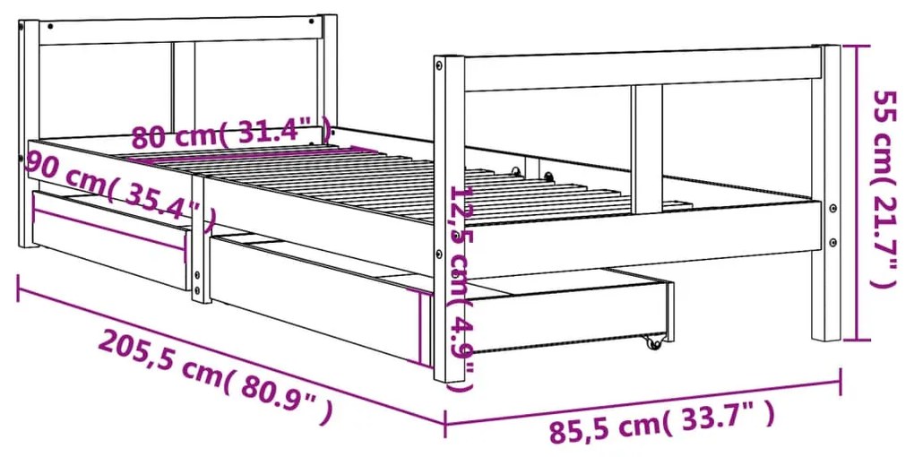 Estrutura de cama infantil c/ gavetas 80x200 cm pinho maciço