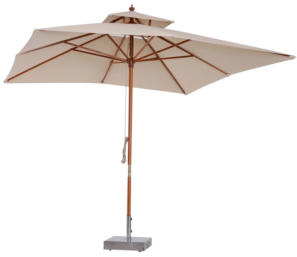 Guarda-sol 3x3m de Bambu Madeira para Jardim Terraço Pátio Praia Tecto Duplo Rectângulo Poste de 48mm Creme