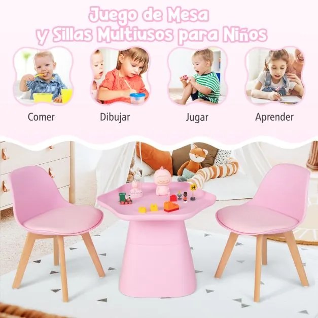 Conjunto infantil de 3 peças para crianças Mesa e 2 Cadeiras dos 3 aos 8 anos com assento almofadado com encosto Mesa côncava Pernas em madeira de fai