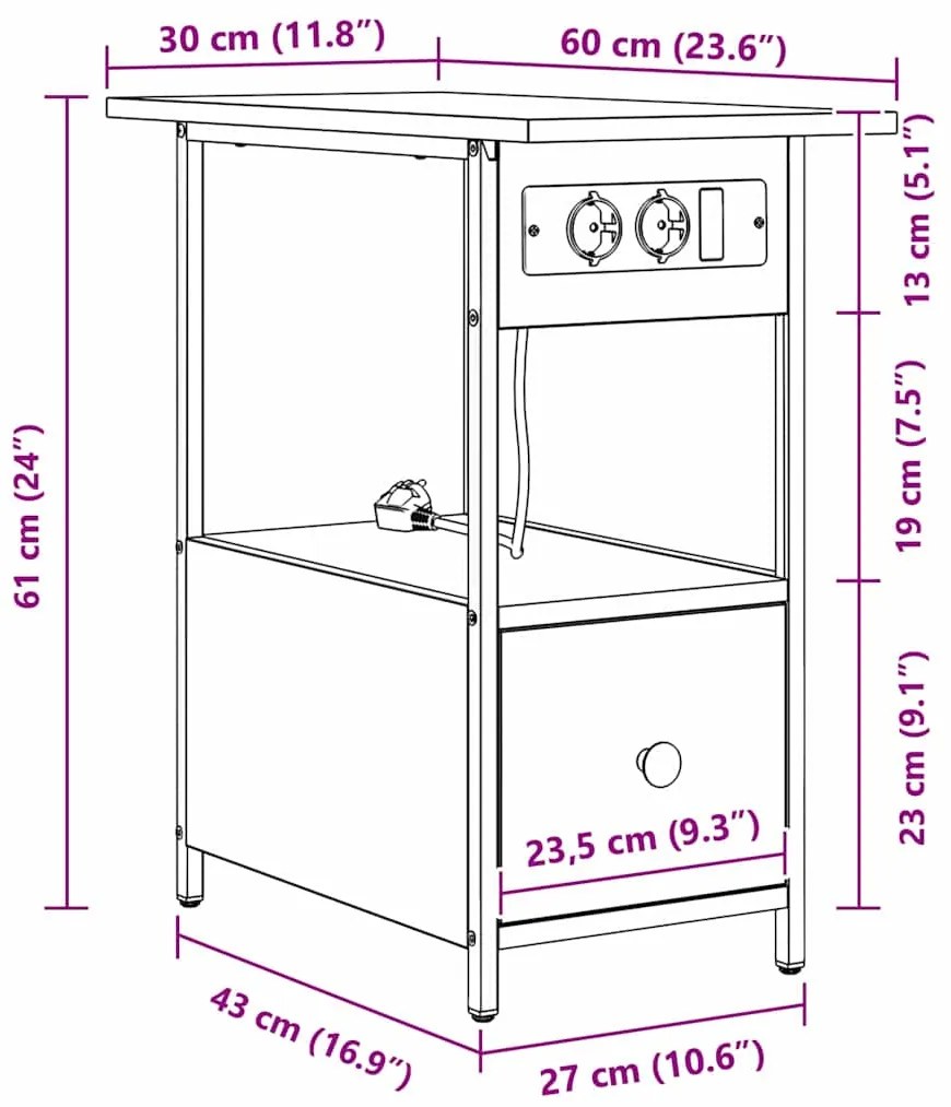 Armário de Cabeceira com gaveta Sonoma cinzento 60 x 30 x 61 cm