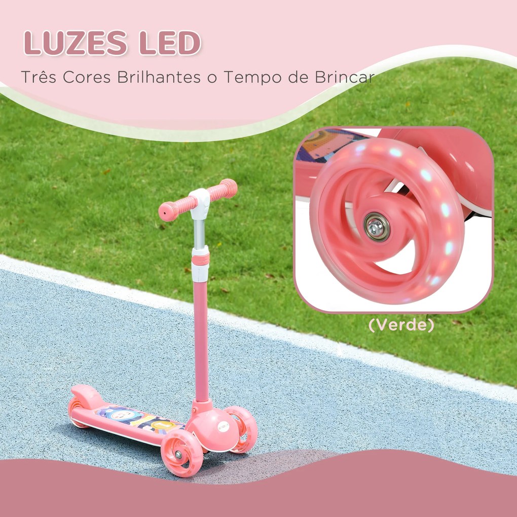 Trotinete para Crianças Trotinete com 3 Rodas LED Altura Ajustável Carga 25 kg 52x29x63-76 cm Rosa