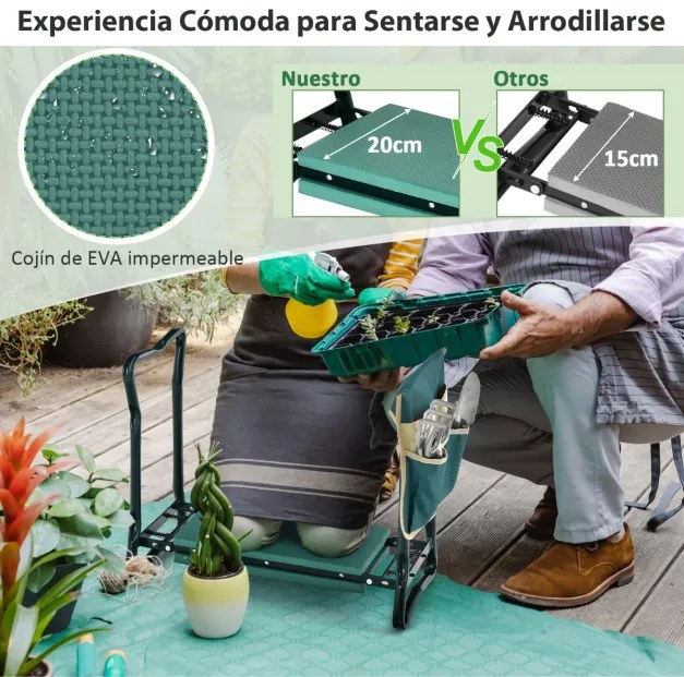 Assento duplo de jardim 2 em 1 com bolsa lateral e banco almofadado para carga seca e sentada 150 kg 58 x 27,5 x 50 cm verde