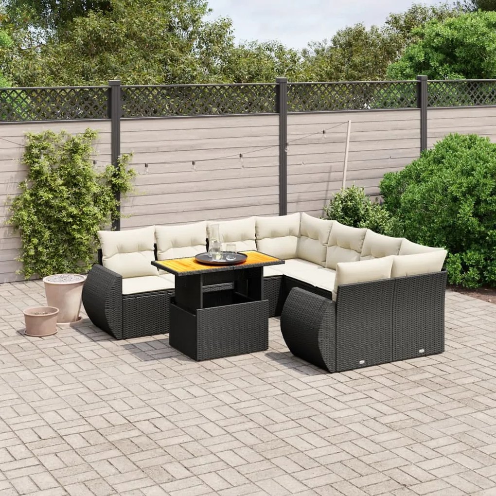 9 pcs conjunto de sofás p/ jardim c/ almofadões vime PE preto