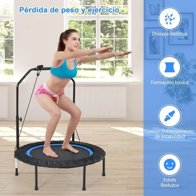 Trampolim Fitness Dobrável 150 KG com Barras de Apoio Ajustáveis e Capa de Segurança Acolchoada para Adultos e Crianças preto e azul