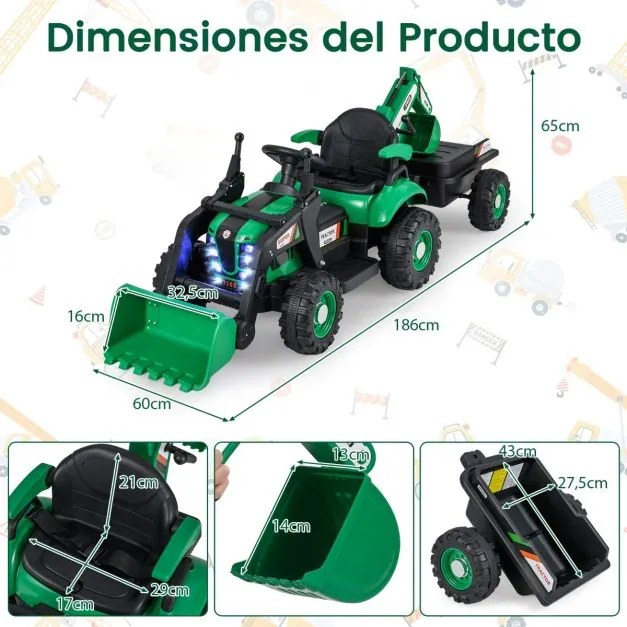 Trator elétrico 4 em 1 para crianças 12V com controle remoto, pá, reboque removível e luzes LED para crianças de 3 a 8 anos, 185 x 58 x 65 cm Verde