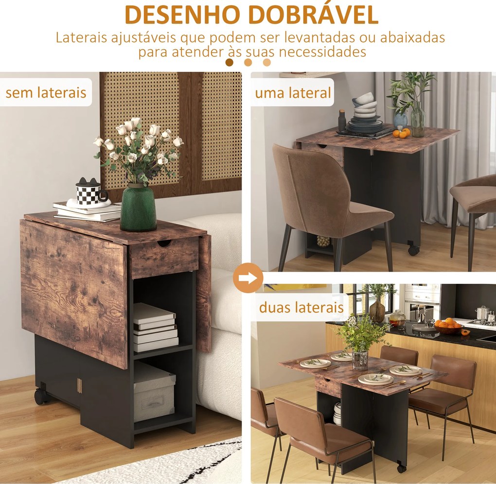 Mesa de Cozinha Dobrável com Rodas Laterais Rebatíveis Gaveta e Prateleiras para 2-4 Pessoas 120x72x75 cm Castanho rústico e preto