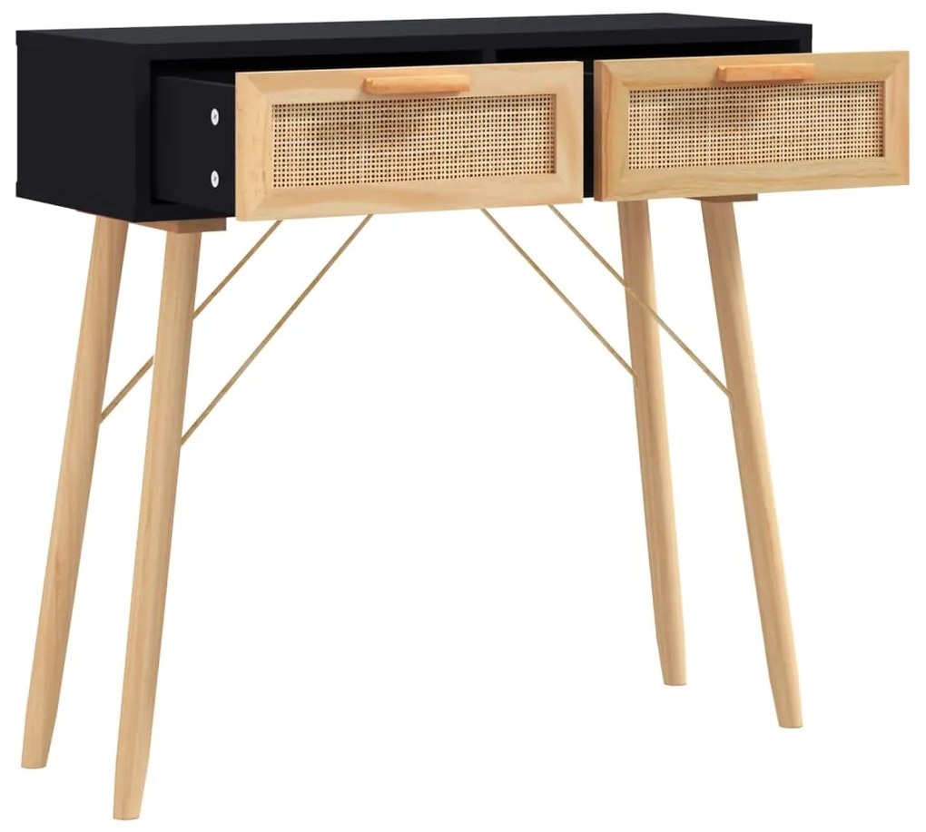 Mesa consola 80x30x75 cm pinho maciço e vime natural preto