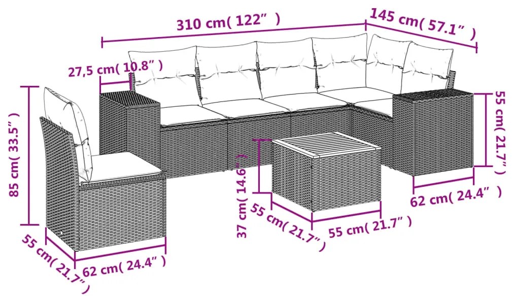 7 pcs conjunto sofás p/ jardim c/ almofadões vime PE cinzento