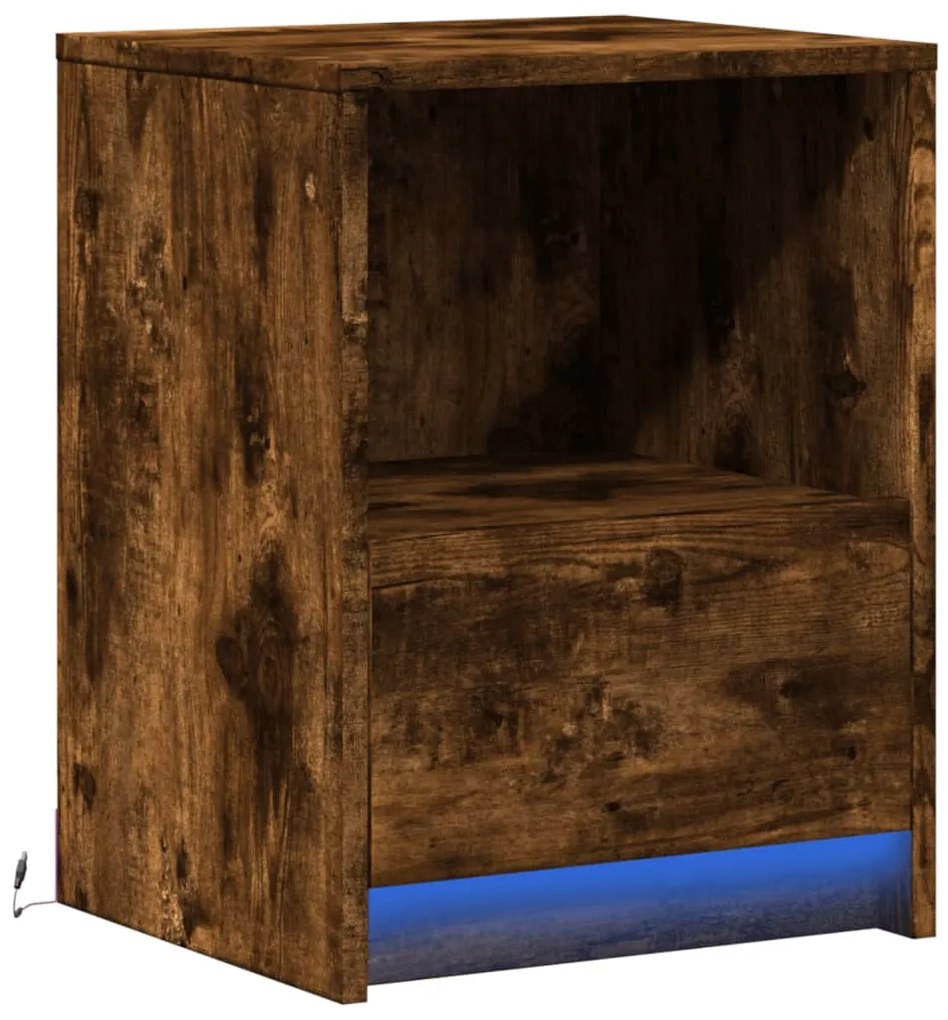 Mesa cabeceira c/ luzes LED derivados madeira carvalho fumado