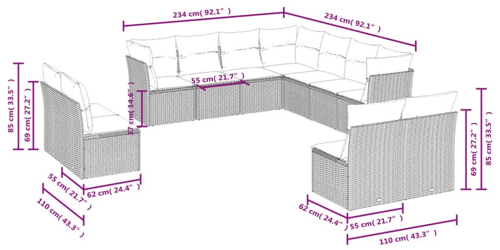11 pcs conjunto sofás de jardim c/ almofadões vime PE bege