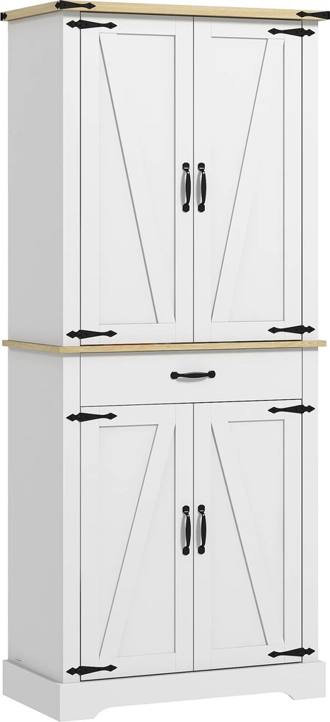 HOMCOM Armário de Cozinha Alto 4 Portas com Gaveta e Prateleiras Ajustáveis — 76,5 x 40 x 181 cm, Branco | Aosom Portugal