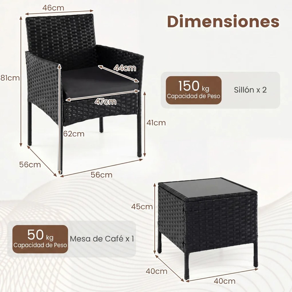 Conjunto de móveis de jardim de 3 peças em rattan com 2 cadeiras e Mesa auxiliar de vidro para terraço, pátio ou varanda Preto