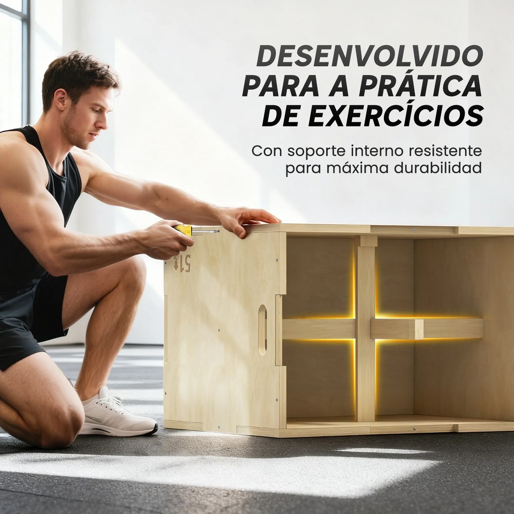 Caixa Pliometria de Madeira Caixa de Saltos com 2 Alças Recortadas Carga Máxima 120 kg 61x51x73 cm Madeira