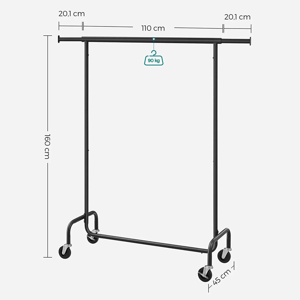 Cabide para roupa com Rodas 45 x (110-150) x 160 cm Preto Mate