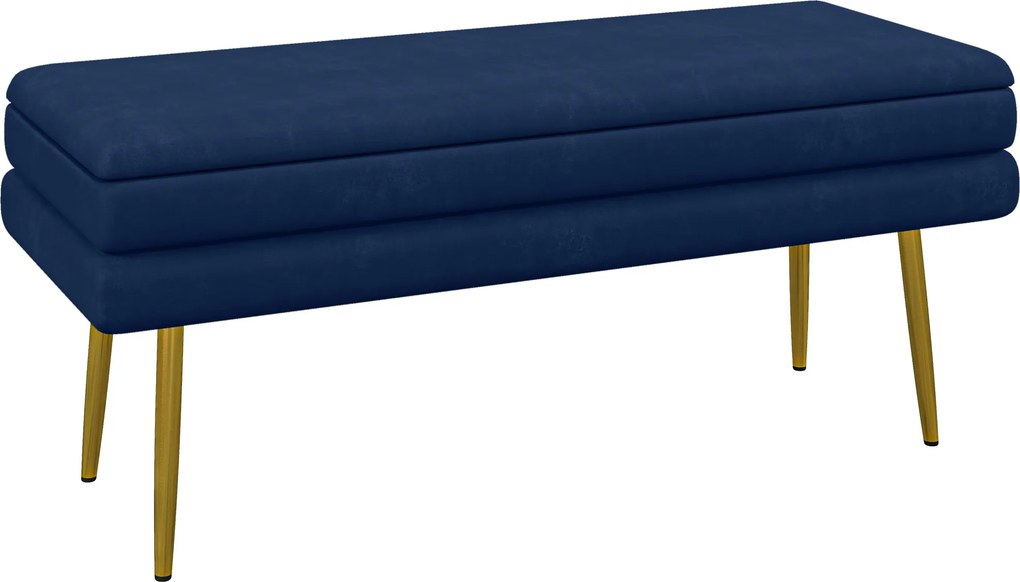HOMCOM Banco banqueta baú de arrumação 2 em 1 assento efeito veludo e pés de aço - 100 x 37,5 x 42 cm azul e dourado | Aosom Portugal
