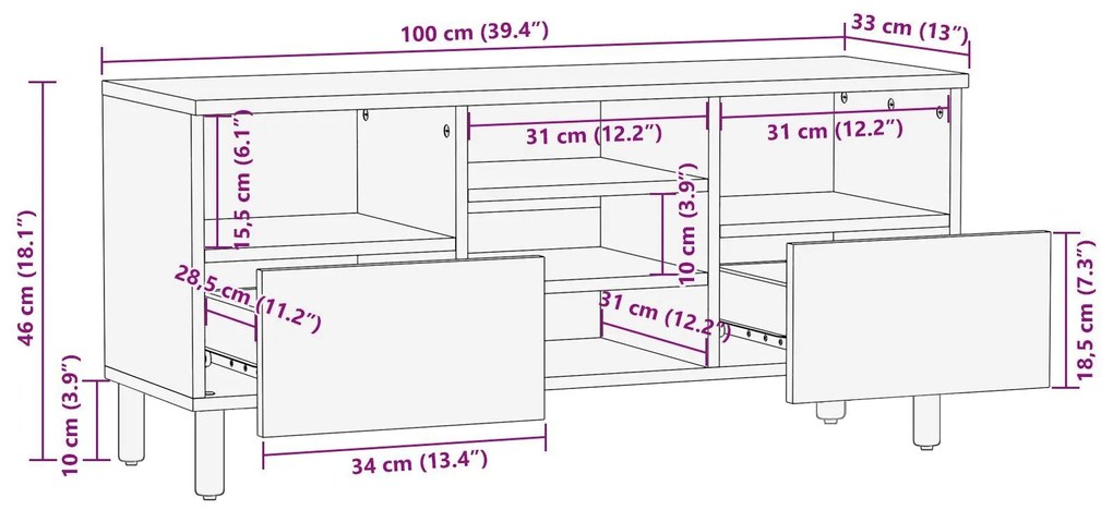 Estante para TV vidaXL 100x33,5x46 cm Madeira Sólida de Acácia