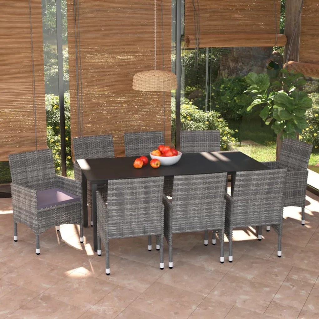 vidaXL 9 pcs conjunto jantar p/ jardim c/ almofadões vime PE cinzento