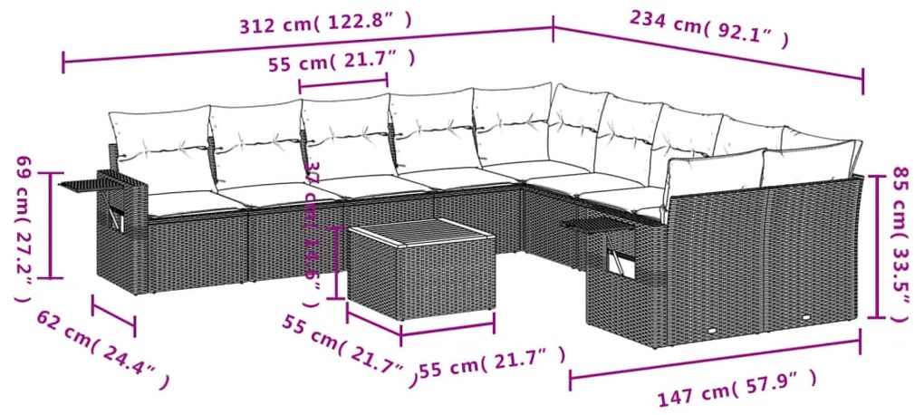 11 pcs conjunto sofás de jardim c/ almofadões vime PE bege