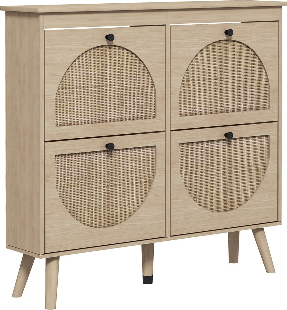 HOMCOM Móvel para Sapatos 4 Portas Basculantes 20 Pares Prateleira Ajustável Estilo Boho Pés em Madeira Maciça 105x24x97,5 cm Natural | Aosom Portugal