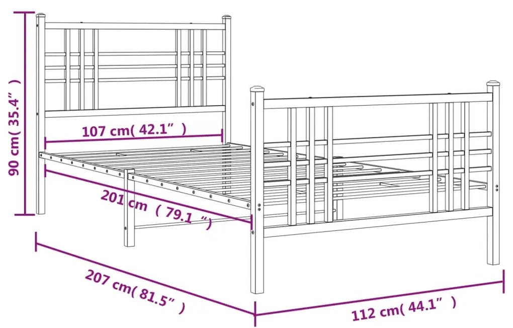 Estrutura de cama com cabeceira e pés 107x203 cm metal preto
