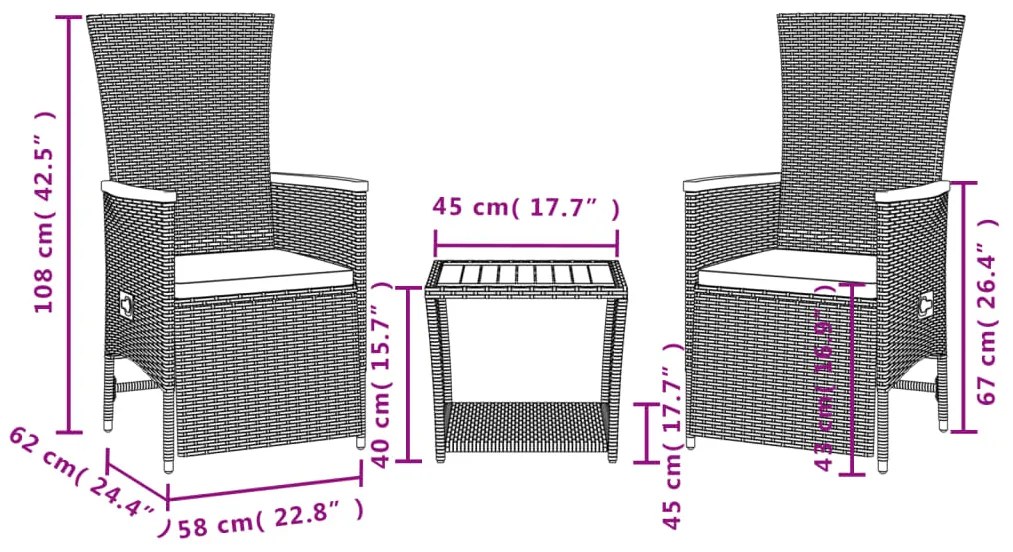 3 pcs conjunto de jantar p/ jardim c/ almofadões vime PE preto