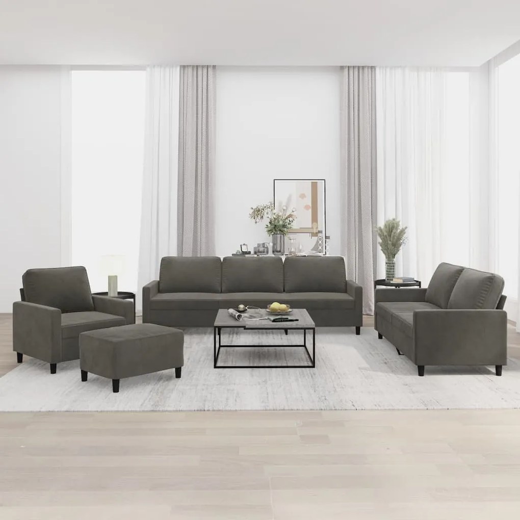 vidaXL 4 pcs conjunto de sofás com almofadões veludo cinzento-escuro