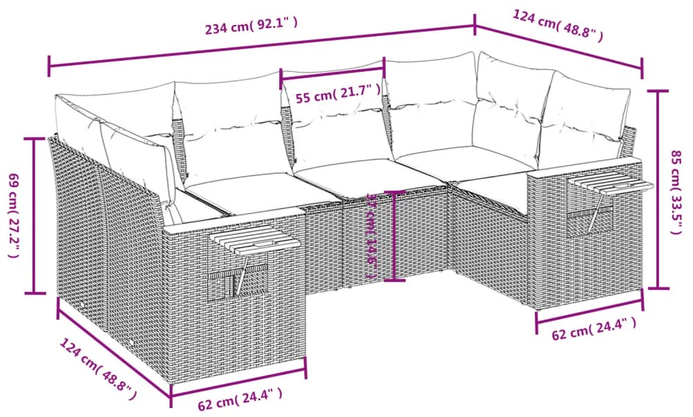 6 pcs conjunto sofás p/ jardim c/ almofadões vime PE cinzento
