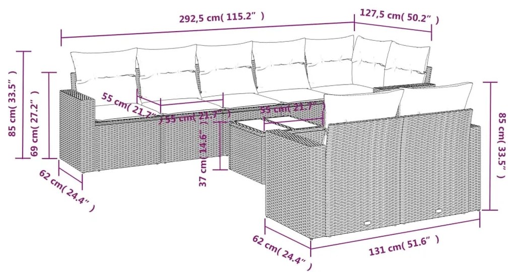 9 pcs conjunto sofás p/ jardim com almofadões vime PE cinzento