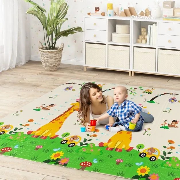 Tapete infantil dobrável dupla face com panda e girafa, bolsa de transporte, tapete de brincar impermeável e reversível, 200 x 180 cm Multicolor