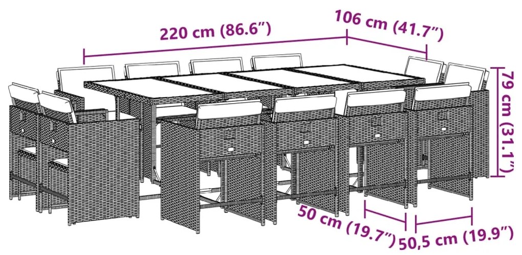 13 pcs conjunto de jantar p/ jardim com almofadões vime PE bege