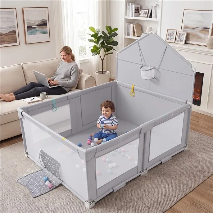 Parque Infantil Dobrável para Bebés, 223 x 150 x 163 cm, Estrutura Metálica Reforçada, Cinzento claro