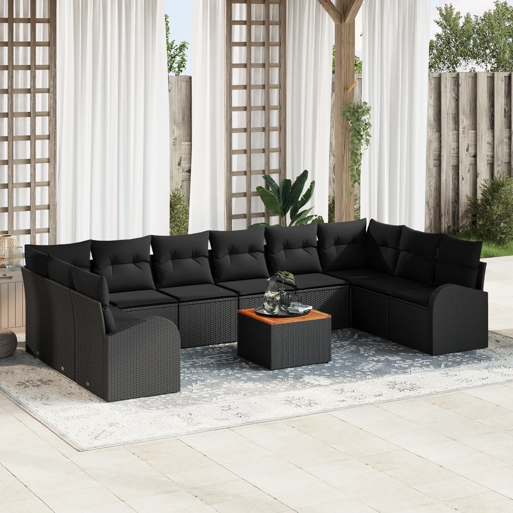 Conjunto de Sofás Jardim 11 Peças com Almofadas Preto Rattan Poliéster