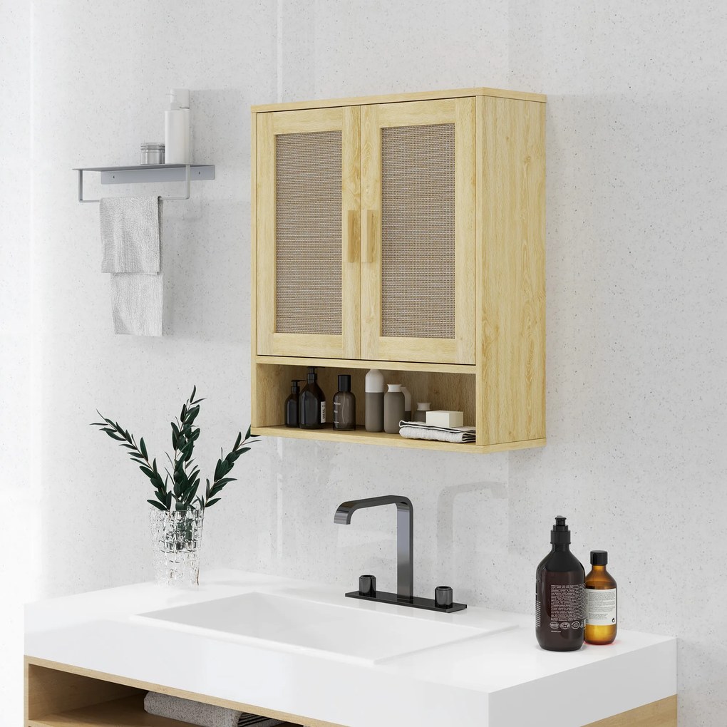 Móvel de parede para casa de banho  59 x 20 x 66,5 cm, com porta dupla e prateleira aberta, com efeito de carvalho
