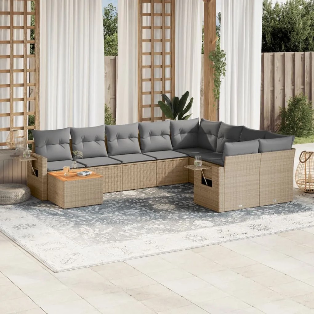 10 pcs conjunto de sofás p/ jardim com almofadões vime PE bege