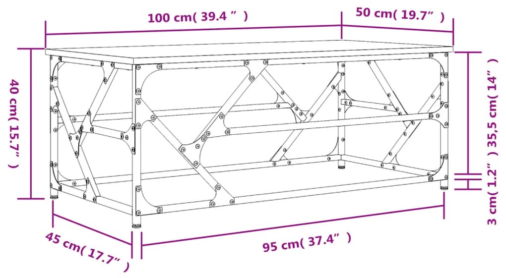 Mesa de centro 100x50x40cm derivados de madeira cinzento sonoma