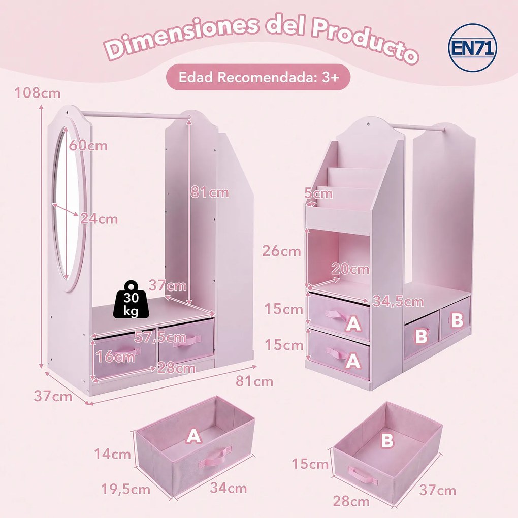 Armário Infantil com Espelho, 81 x 37 x 108 cm, Arrumação Multifuncional, Rosa
