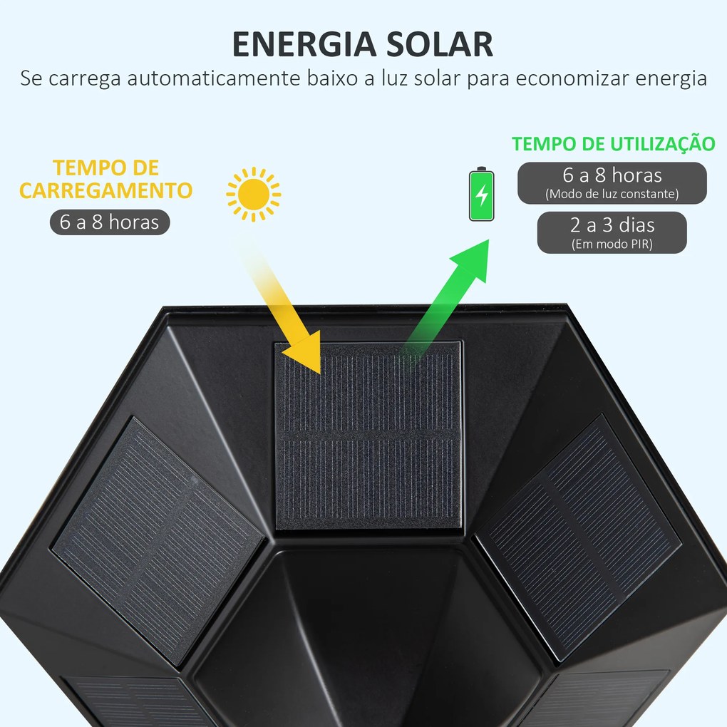 Candeeiro Solar de Exterior com Ligar e Desligar Automático Resistente às Intempéries, Estrutura de Alumínio IP44 22x22x194 cm Preto