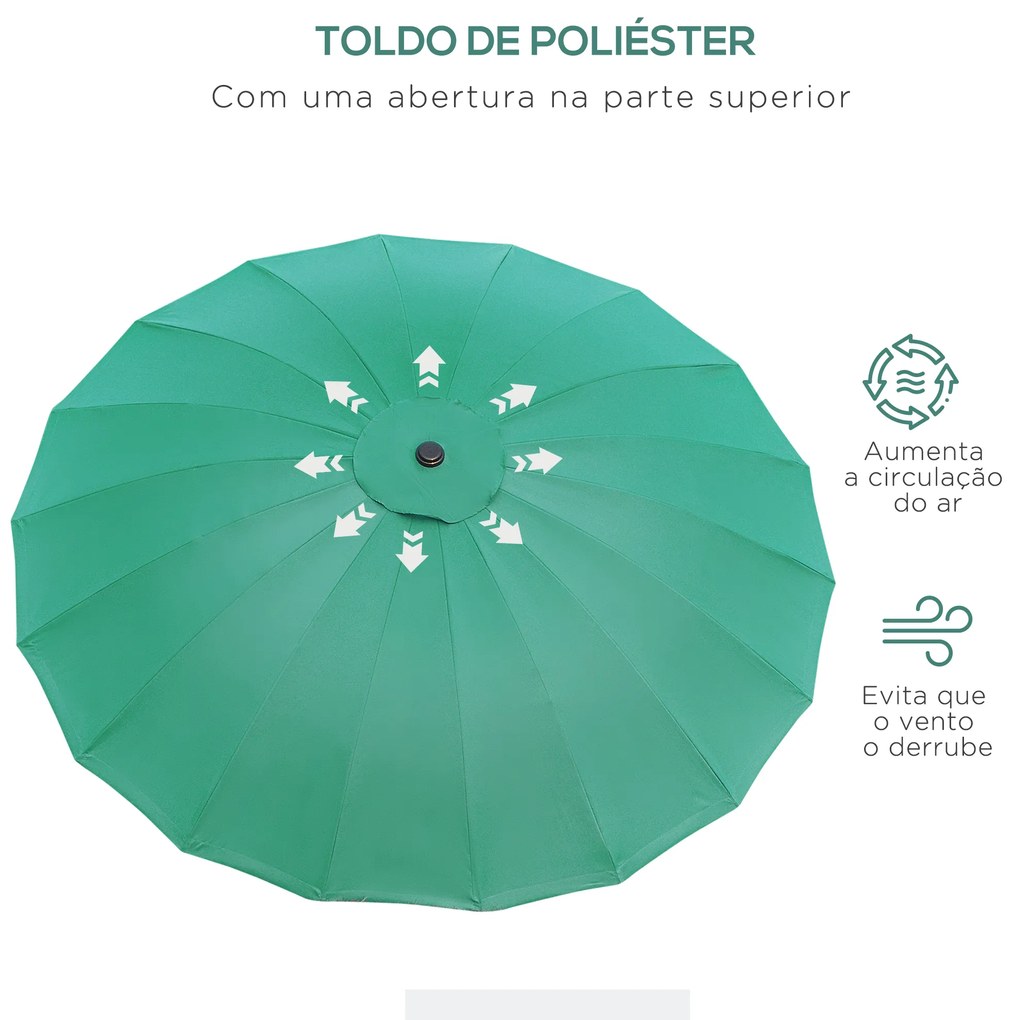 Chapéu de Sol de Jardim Ø2,5x2,4 m com Manivela Manual Mastro Flexível Impermeável e 18 Hastes para Exterior Verde