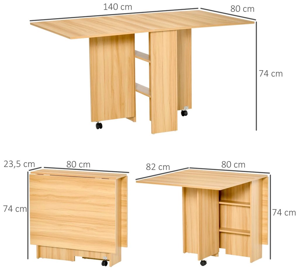 Mesa de Sala de Jantar Dobrável com Rodas Mesa Multifuncional para Sala de Jantar com 3 Formas 140x80x74cm Madeira