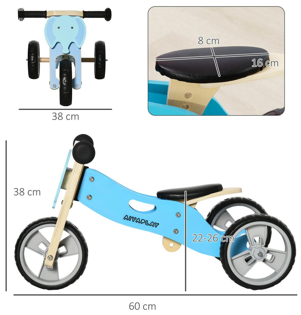 AIYAPLAY Bicicleta sem Pedais de Madeira 2 em 1 para Crianças acima de 18 Meses Triciclo Infantil com Assento Ajustável de 22-26cm Carga Máxima 20kg E