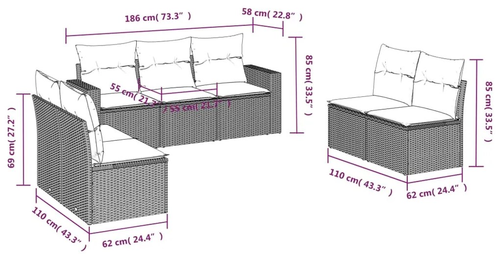 7 pcs conjunto de sofás p/ jardim c/ almofadões vime PE preto