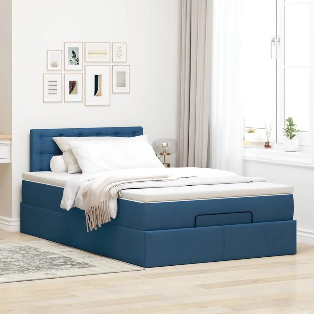 Estrutura de cama otomana com colchão 120x190 cm tecido azul