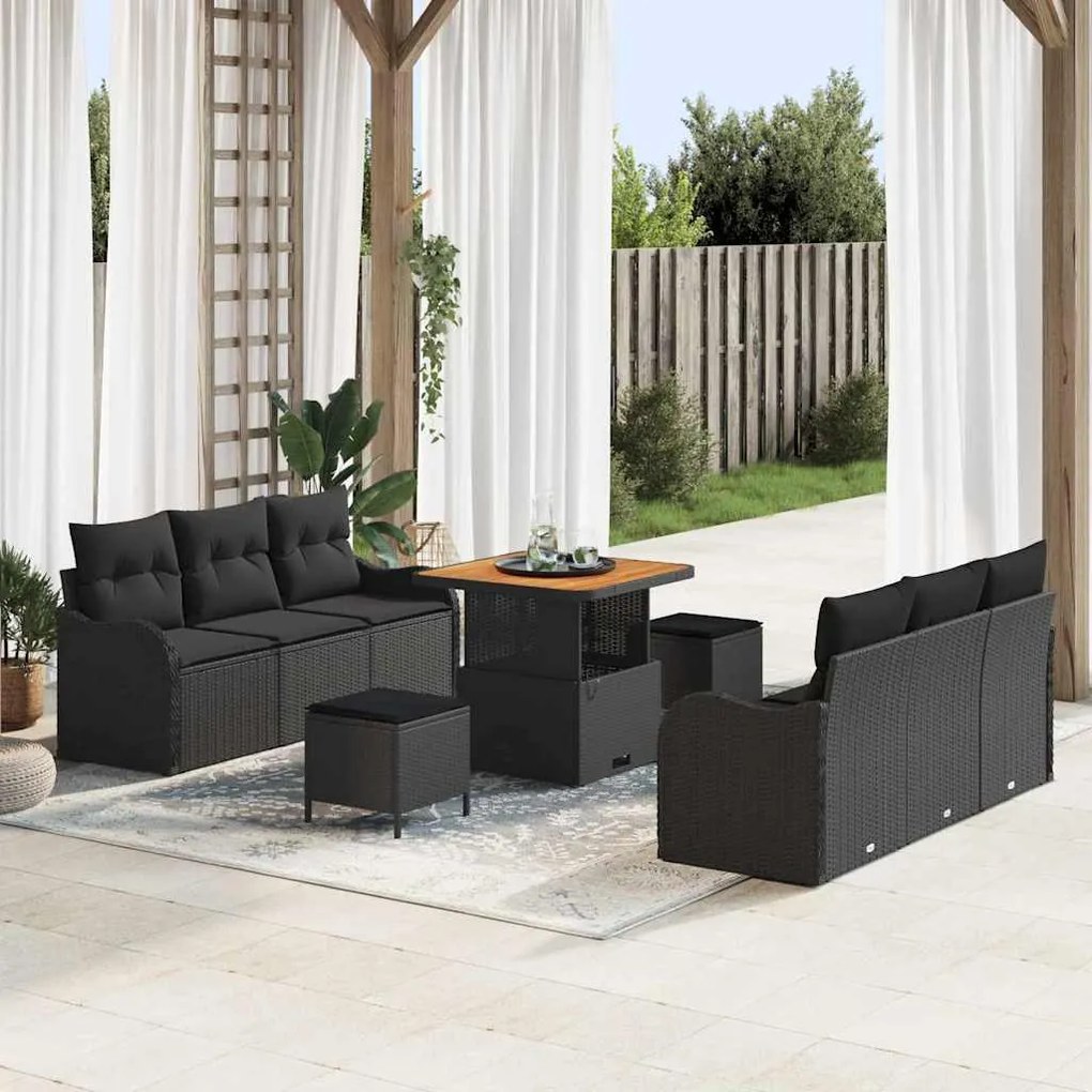 vidaXL Conjunto de Sofá de Jardim de 9 Peças com Almofadas Pretas em Rattan de Polietileno e Madeira de Acácia