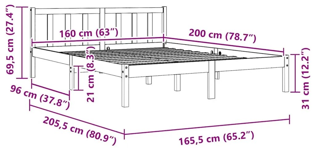 Estrutura de cama em pinho maciço 160x200 cm branco