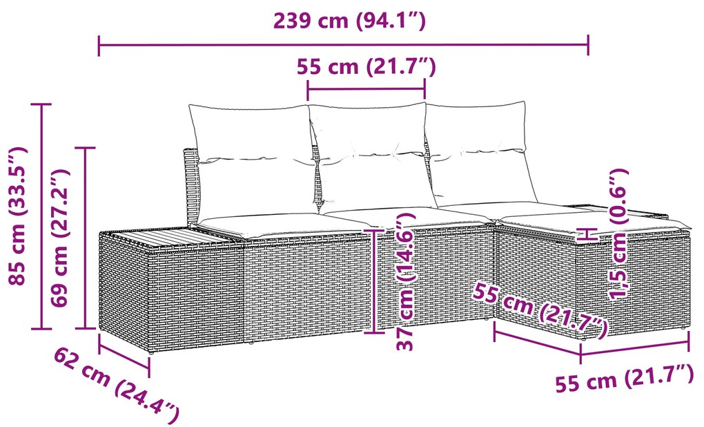 Conjunto de Sofá de Jardim de 4 Peças com Almofadas Preto Rattan Poli
