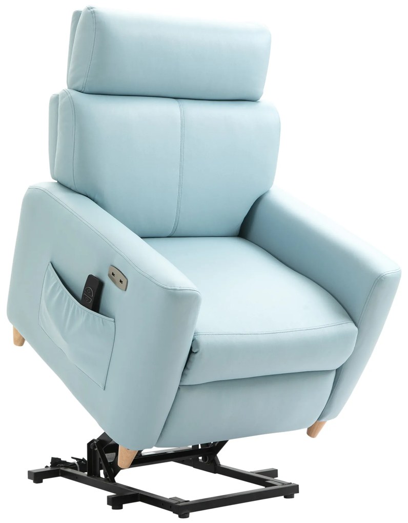HOMCOM Poltrona Relax Reclinável Poltrona Levanta Pessoas Estofada em Microfibra com Reclinação 143° USB Apoio para a Cabeça Ajustável Apoio para os Pés e Bolso Lateral Carga Máxima 150kg 81x91x103 cm Azul