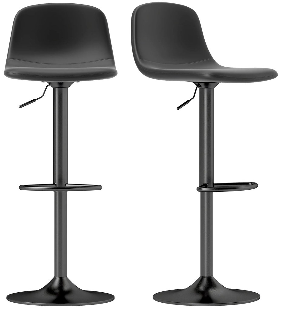 Conjunto 2 Bancos de Bar Reguláveis em Altura 84-104 cm com Encosto e Apoio para os Pés Estofadas em PU Giratórias em 360° Preto